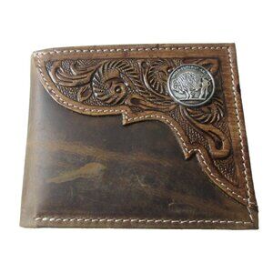 American Bison Men's Buffalo Nickel Concho Bifold Brown Leather Wallet NIB